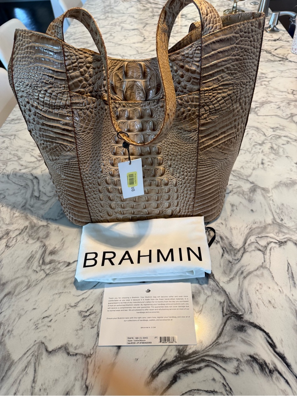 Brahmin Brayden Travertine Melbourne Taupe Croc-Embossed Tote with Dual Handles